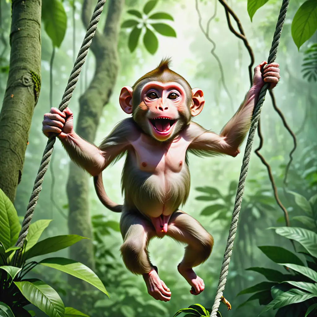 Cheerful Macaque Swinging Through Dense Green Jungle