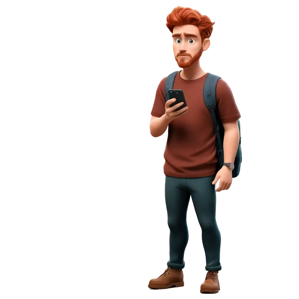 Worried-Cartoon-Man-with-Red-Hair-Looking-at-His-Phone-HighQuality-PNG-Image