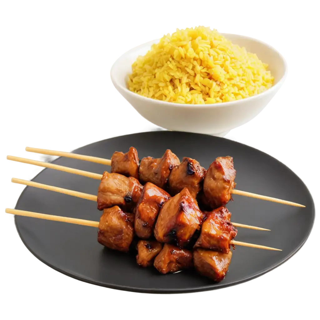 make an appetizing image for food stall:only 1 pc Filipino style Pork barbeque skewer and 1/2 cup of yellow colored rice on a plate