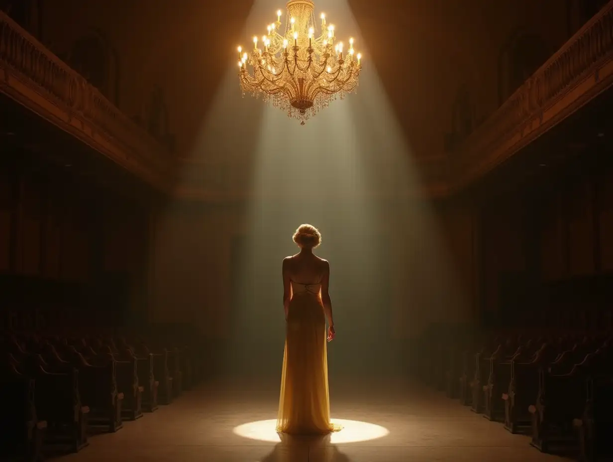 Blonde-1930s-Jazz-Diva-in-Gold-Dress-on-Stage-of-Abandoned-Pavilion-with-Swinging-Chandeliers