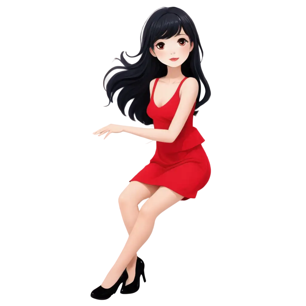 PNG-Image-of-a-Cute-BlackHaired-Girl-in-Red-Dress-Adorable-and-Versatile