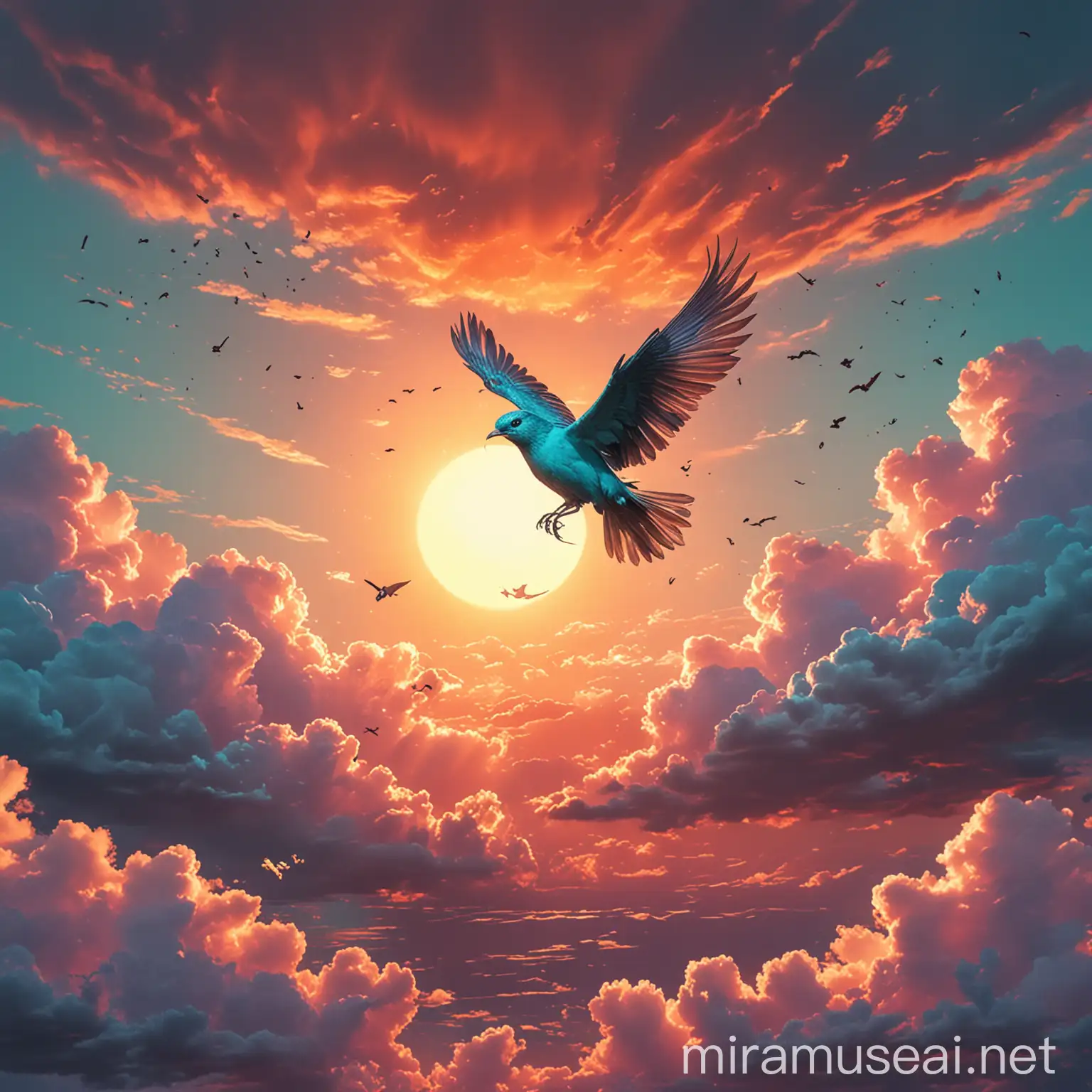 Energetic Sunset Sky with Free Turquoise Bird