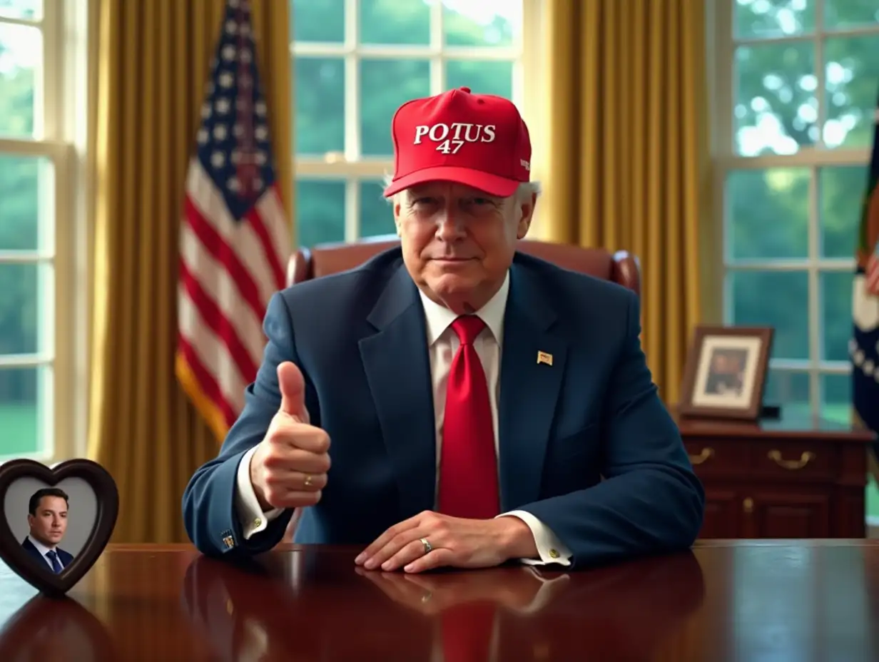 Donald-Trump-in-Oval-Office-with-ThumbsUp-and-POTUS-47-Cap