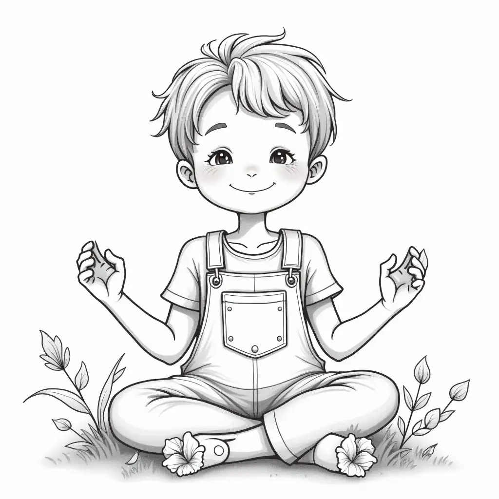 Happy-NonBinary-Child-Meditating-Surrounded-by-Leaves-and-Flowers
