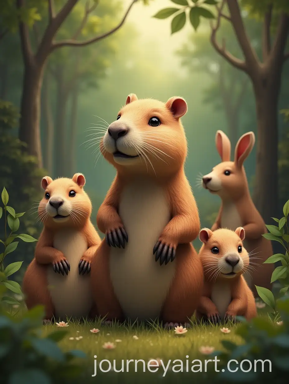 Capybara-Surrounded-by-Animal-Friends-in-a-Forest-Setting