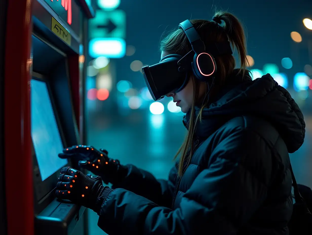 a young stealth female hacker on a street at night, programming atm machine, hands covered, wearing puffer jacket, cybernetic headband, vr goggles, headphones, smartwatch over electronic gloves, lots of wearable cyberpunk hardware, many wires connected from atm to gloves