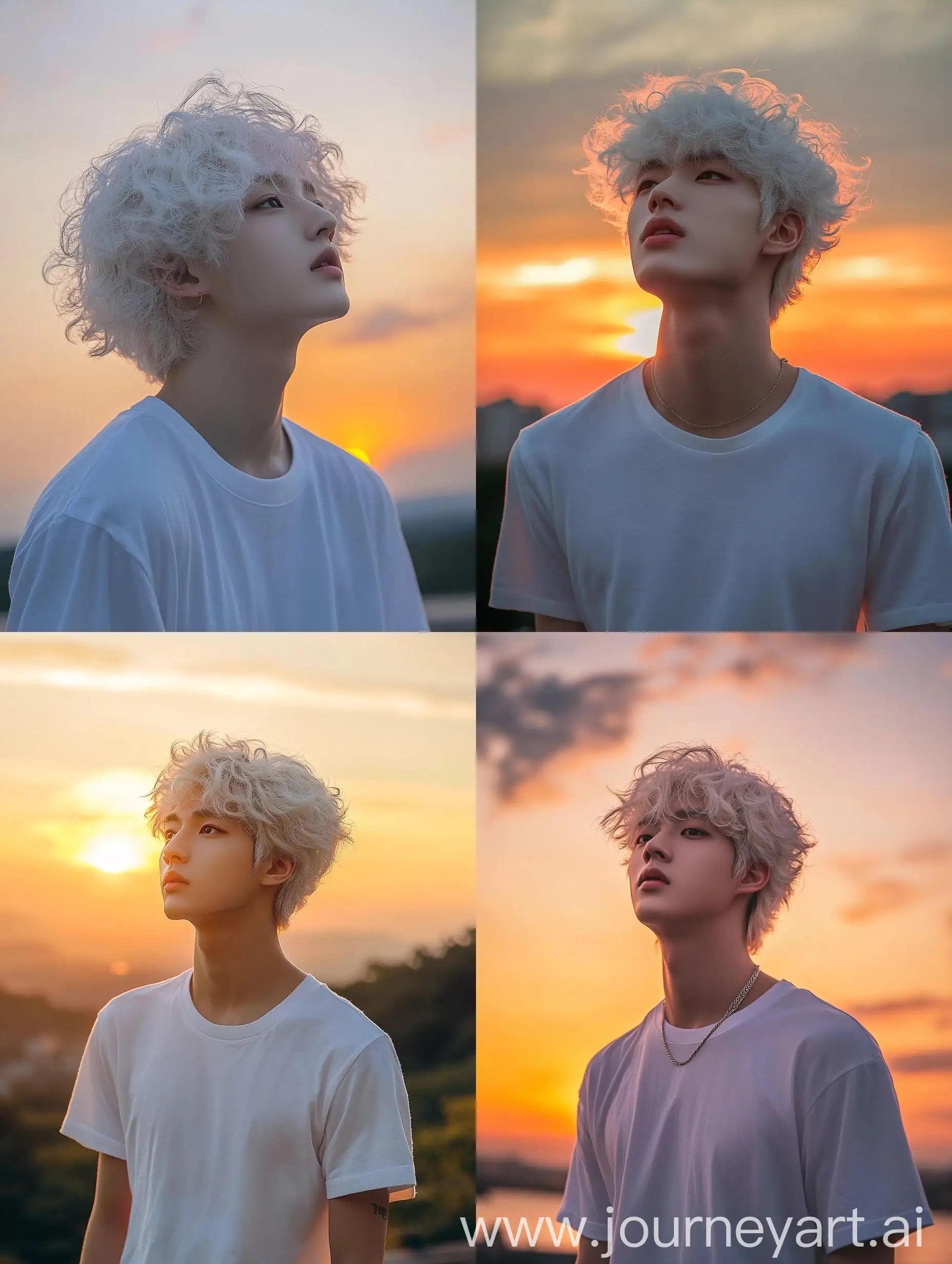 Korean-Man-Admiring-Sunset-with-White-Curly-Hair-and-TShirt