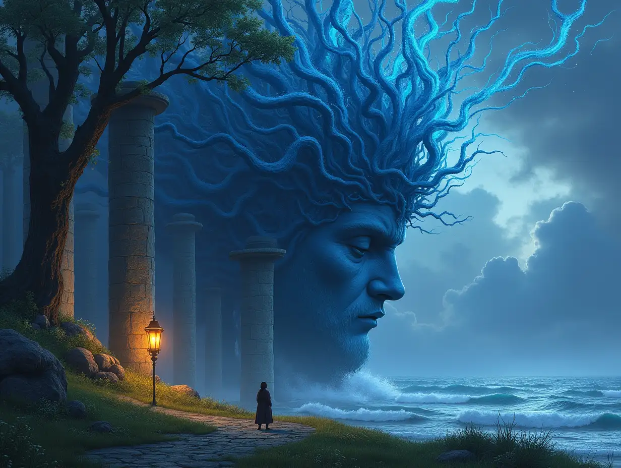 Creating a digital painting of a face on pillars with blue root hair transforms into buildings with armor made of stone and the sea with incredible size waves  Illuminated trees and lantern and people on a meadow it sees at noon