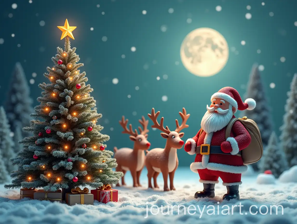 Santa-Claus-with-Reindeer-and-Christmas-Tree-in-2D-and-3D-Fusion-Style
