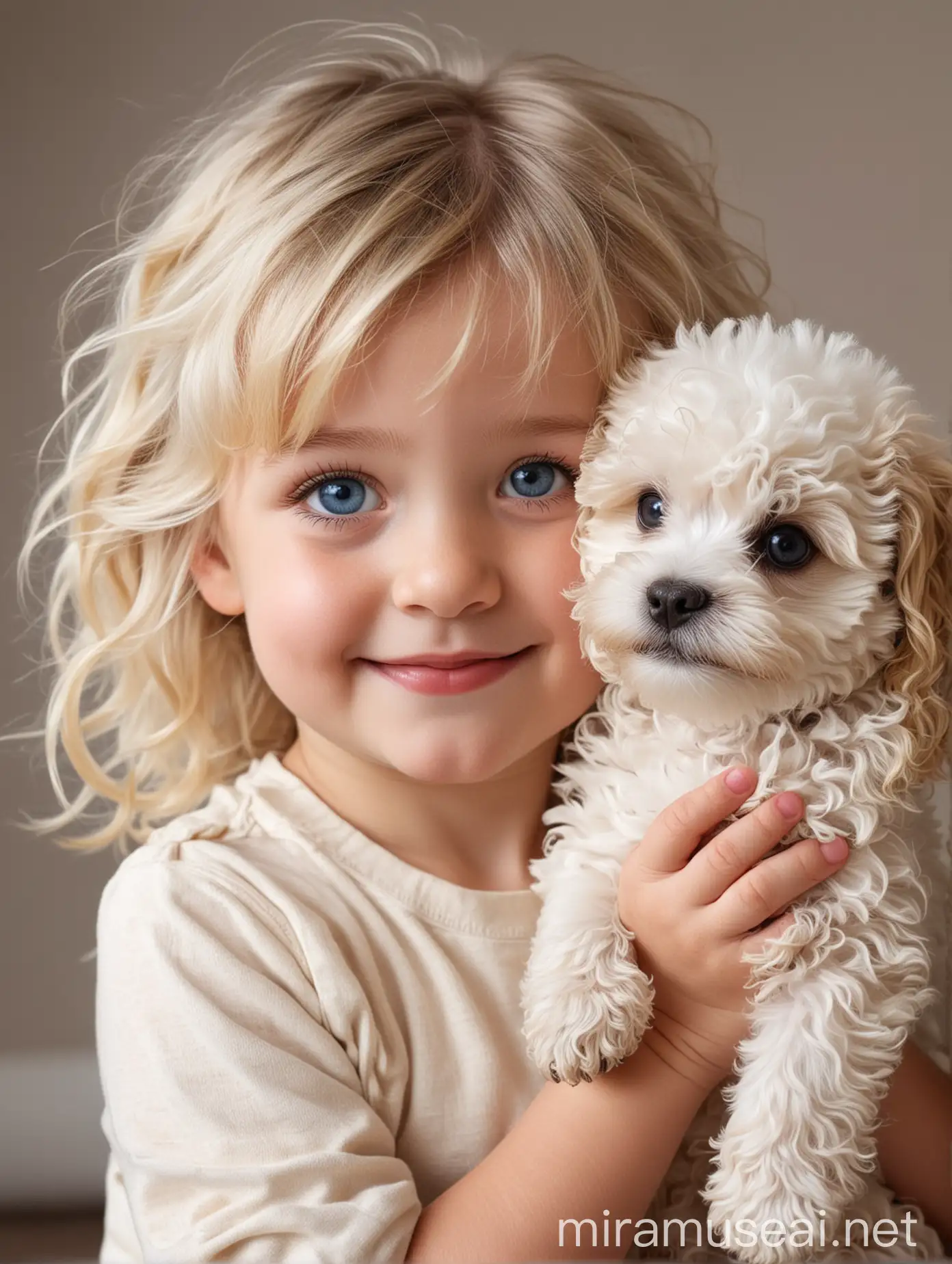 Adorable Blonde Toddler Playing with Maltipoo Dog