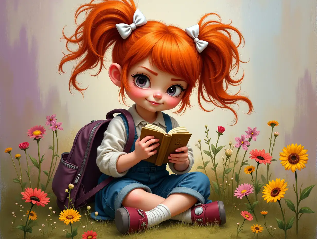 A highly detailed oil painting of a whimsical and slightly mischievous red-haired girl with pigtails sitting on grass surrounded by flowers. The girl has a fluffy, wild mane of hair with rich, textured creamy strokes, now adorned with white bows on her pigtails. She is holding a school textbook and a bouquet of flowers, with a school backpack resting beside her. She has a crooked, sly smile and large, expressive eyes with one eyebrow raised, enhancing her playful and charismatic character. The background features abstract strokes in muted purple-pink, gold, and warm tones, creating a dynamic, artistic backdrop. The painting style is rich and deep, with bold, confident strokes and a slightly textured finish typical of traditional oil paintings