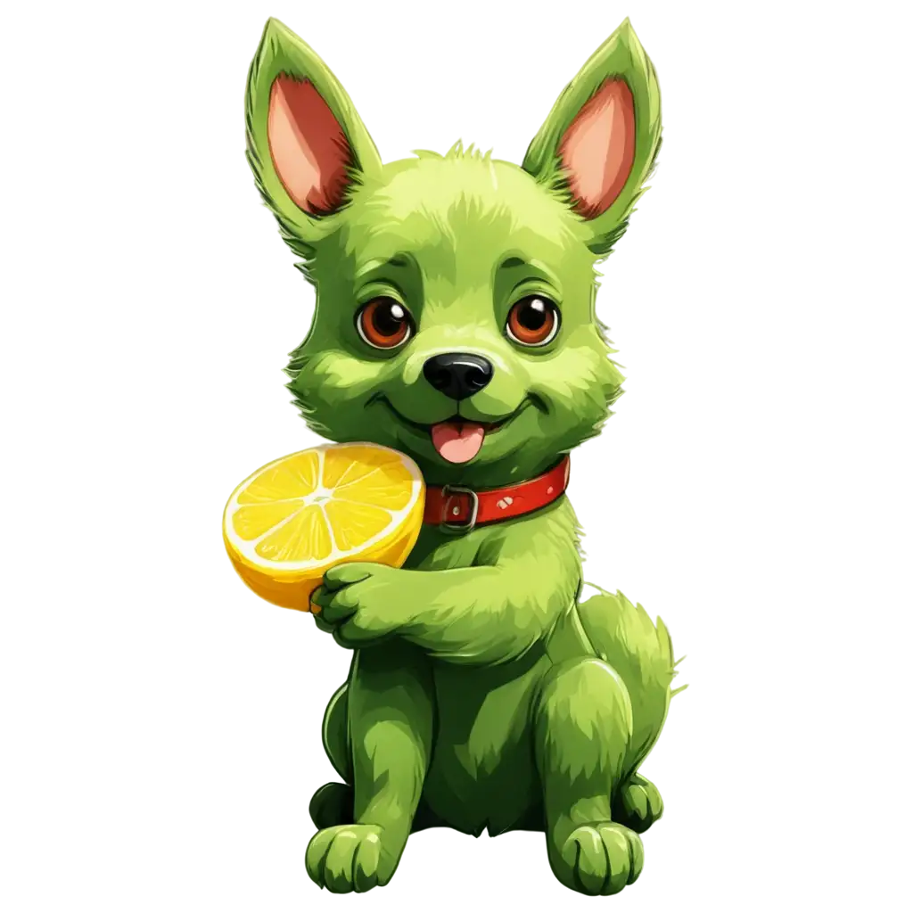 Adorable-Green-Dog-Holding-a-Lemon-Slice-PNG-Image-Sketchy-and-Colorful-Artwork