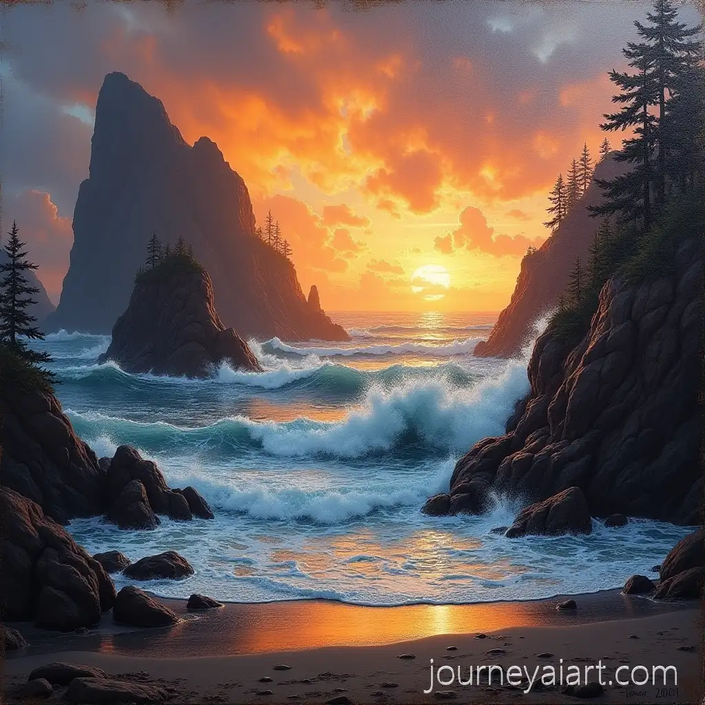 Stormy-Sunset-Over-Oregon-Coast-with-Jagged-Sea-Stacks-and-Crashing-Waves