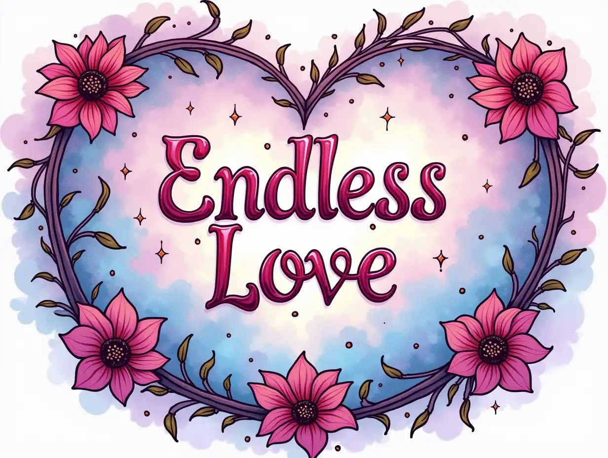 Vector illustration, Art style: stained glass, Simple lines. Create a romantic image with the words 'Endless Love' written in bold, ornate lettering. The letters should be surrounded by a frame of intertwined vines and flowers, with a vibrant color palette of pink, purple, and blue. The background should be a watercolor-like texture, with stars and clouds creating a dreamy atmosphere. The overall composition should be romantic and inspiring, capturing the essence of eternal love.