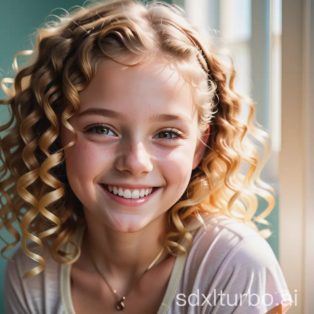 Close up of a girl with curly blonde hair and braces smiling. Sunlight spilling into the room. The image looks like a photograph.