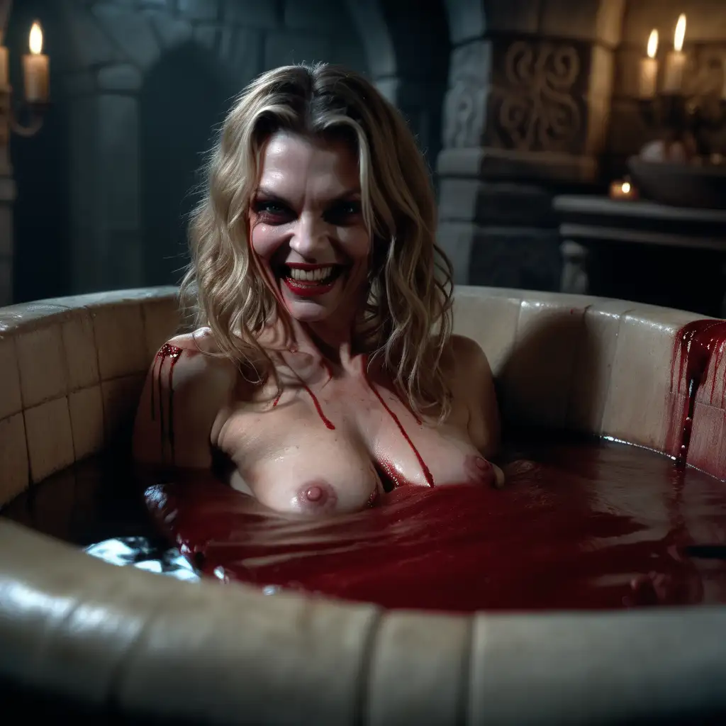 photo, realistic, sharp focus, hyperrealistic, hyperdetailed, photorealistic, 4k, HD, soft lighting, A milf naked evil angry smile vampiress Michelle Pfeiffer in a medieval bathtub filled with blood