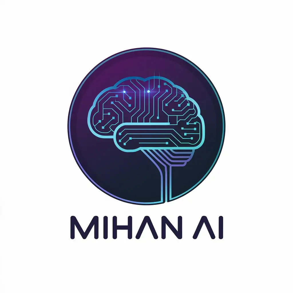 LOGO Design for Mihan AI Neon Blue Dark Purple with Futuristic AI Symbolism