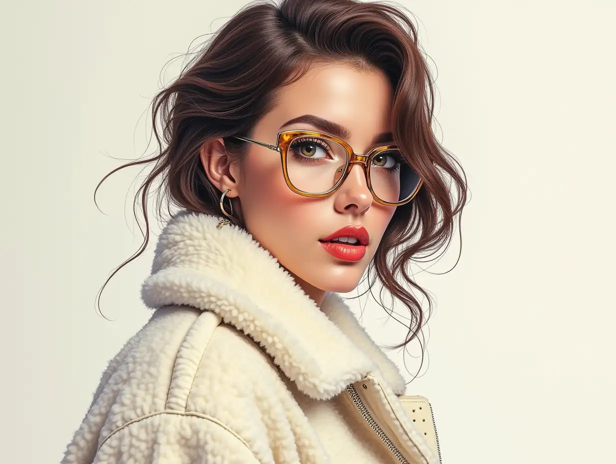 Hyperreal, supermodel, in a white fashionable sheepskin coat, elegant, fashionable, beautiful hairstyle, glasses in a gold frame, detailed eyes, detailed lips, fashionable illustration, elegantly dressed woman, fabrics that echo the high chic of high fashion,fusion of surreal elements, fusion of art, digital rendering, chic elegance, detailed, ultra HD, realistic, bright colors, very detailed, UHD drawing, pen and ink, perfect composition, beautiful detailed, intricate octane visualization in the trend at the station, 8k, photorealistic concept art, soft natural cinematic three-dimensional light, by Lyudmila