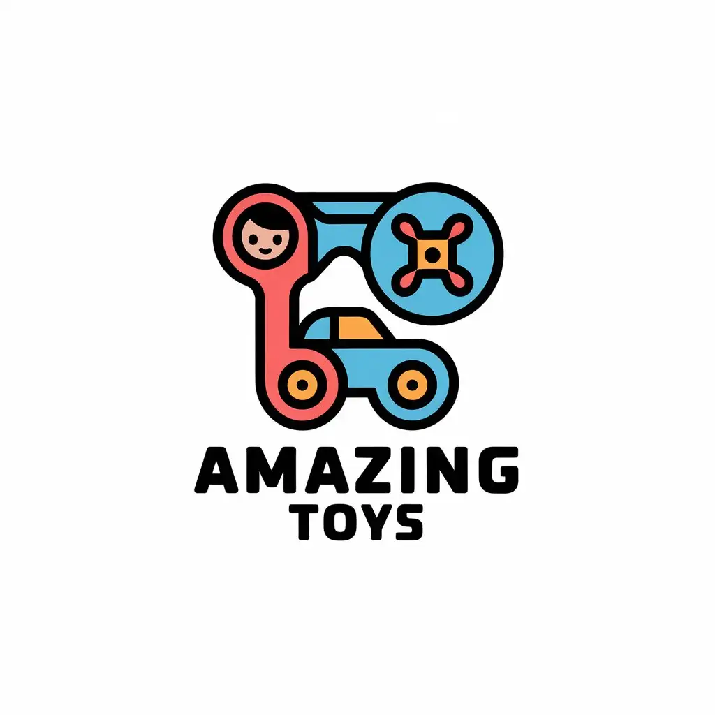 LOGO Design for Amazing Toys Vector Logo with Dolls Cars and Drones