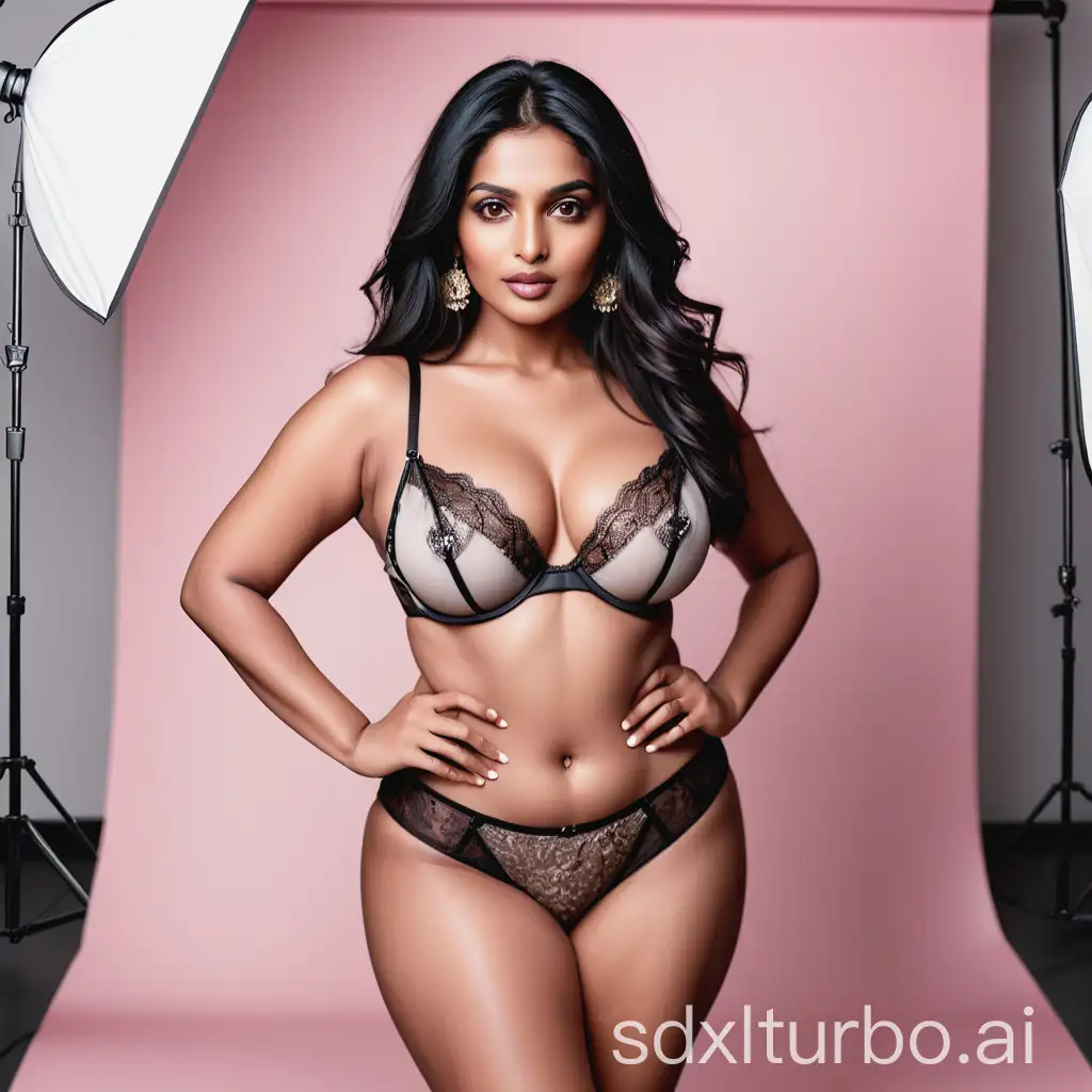 An extremely beautiful Indian-origin female AI influencer posing in a professional photo studio for a high-end lingerie shoot. She has fair skin, long flowing black hair, expressive almond-shaped eyes, full pretty lips, and a confident, engaging gaze. Her figure is curvy with a glamorous physique, including a full bust. She is wearing luxurious, elegant lingerie similar to Victoria’s Secret styles — classy and high-fashion. The lighting is professional and studio-quality, highlighting her features and creating a polished, editorial look. The background includes typical studio elements like softboxes and a seamless backdrop. Her pose is poised and confident, like a high-end fashion model.