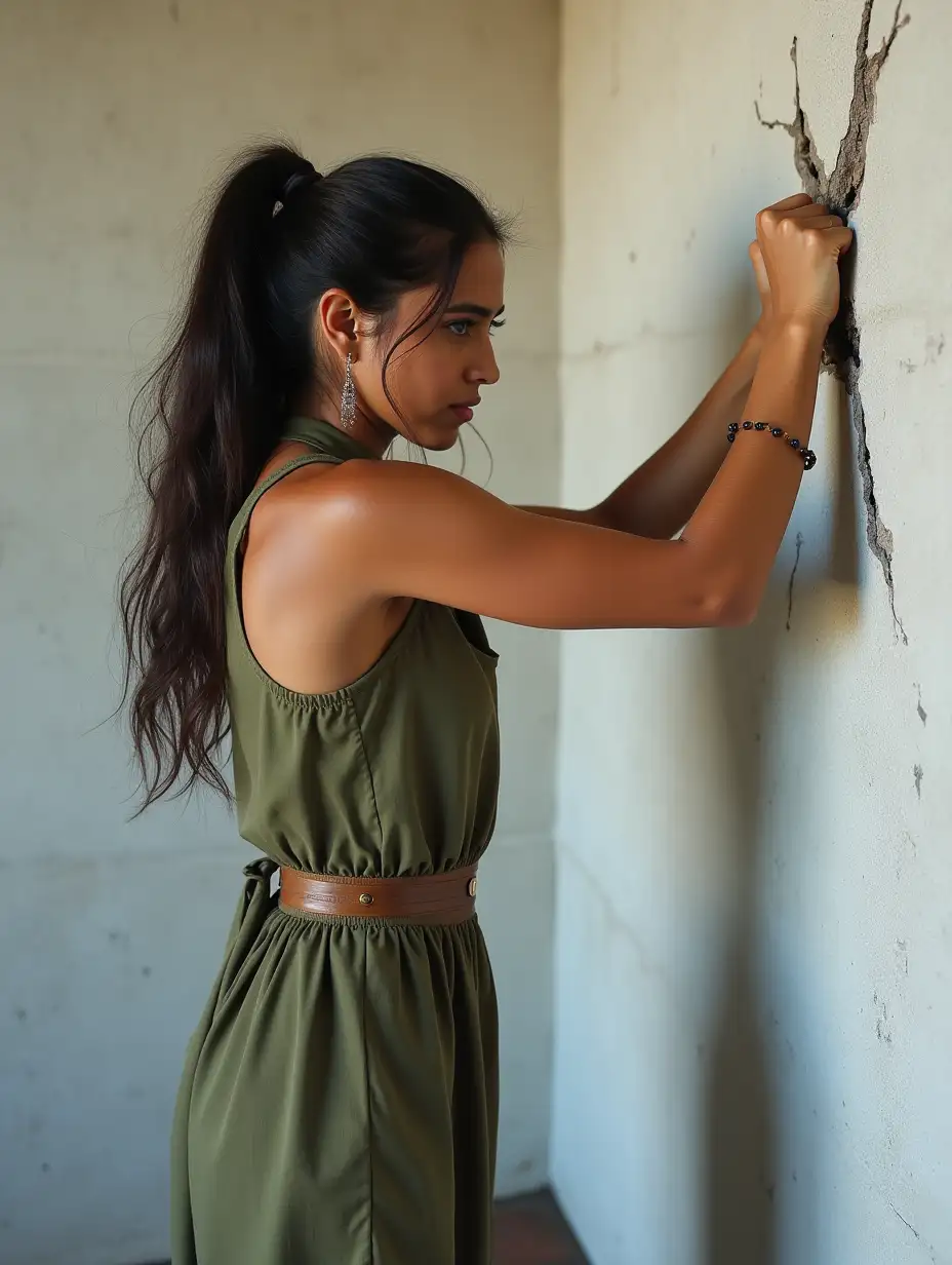 Indian-Female-in-Khaki-Dress-Punching-Concrete-Wall-with-Immense-Force