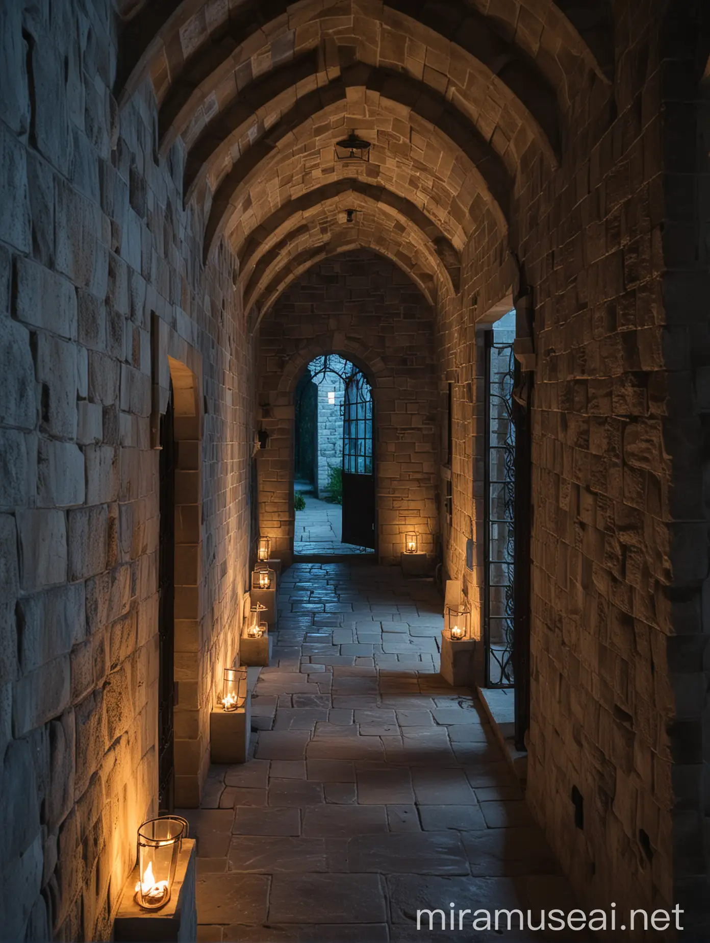 Castle Hallway at Blue Hour with Moonlight and Torches