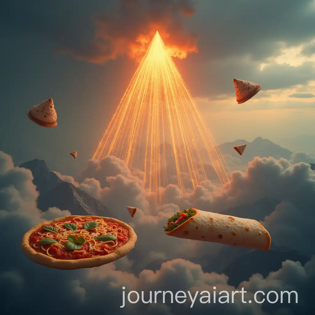 Mystical-Triangle-in-Clouds-with-Fiery-Sky-and-Flying-Food