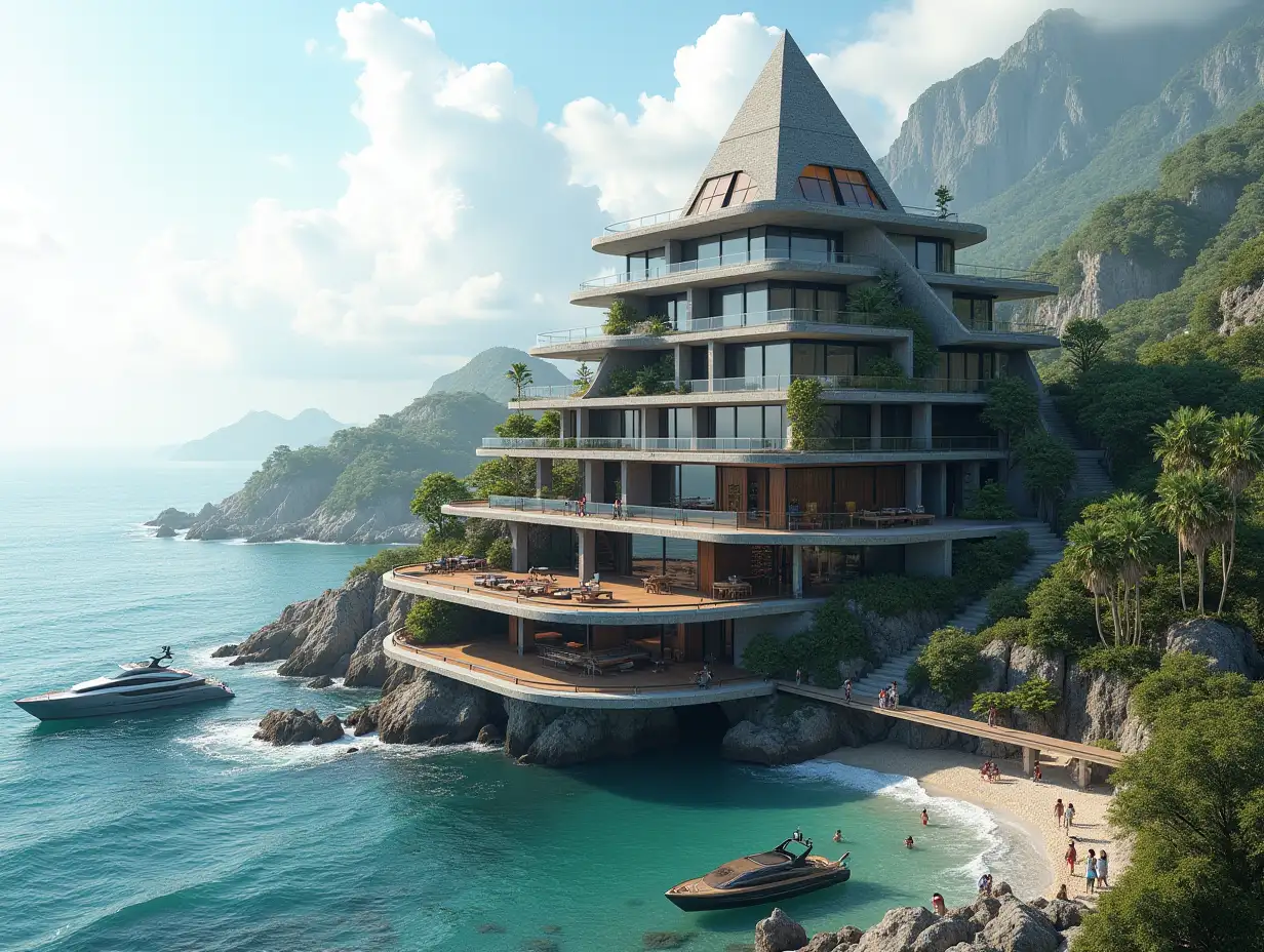 Create a high-resolution, realistic panorama image of a futuristic terrace building with window pyramid house with bridge, a yacht and a small beach with people, many plants and grey and brown facades with sea with waves, large trees, black clouds