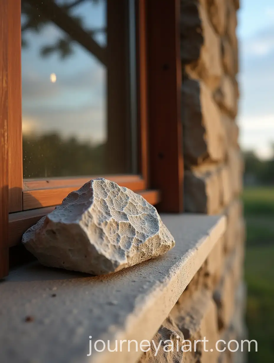 Gray-Stone-on-Rustic-Windowsill-with-Sunlit-Reflection