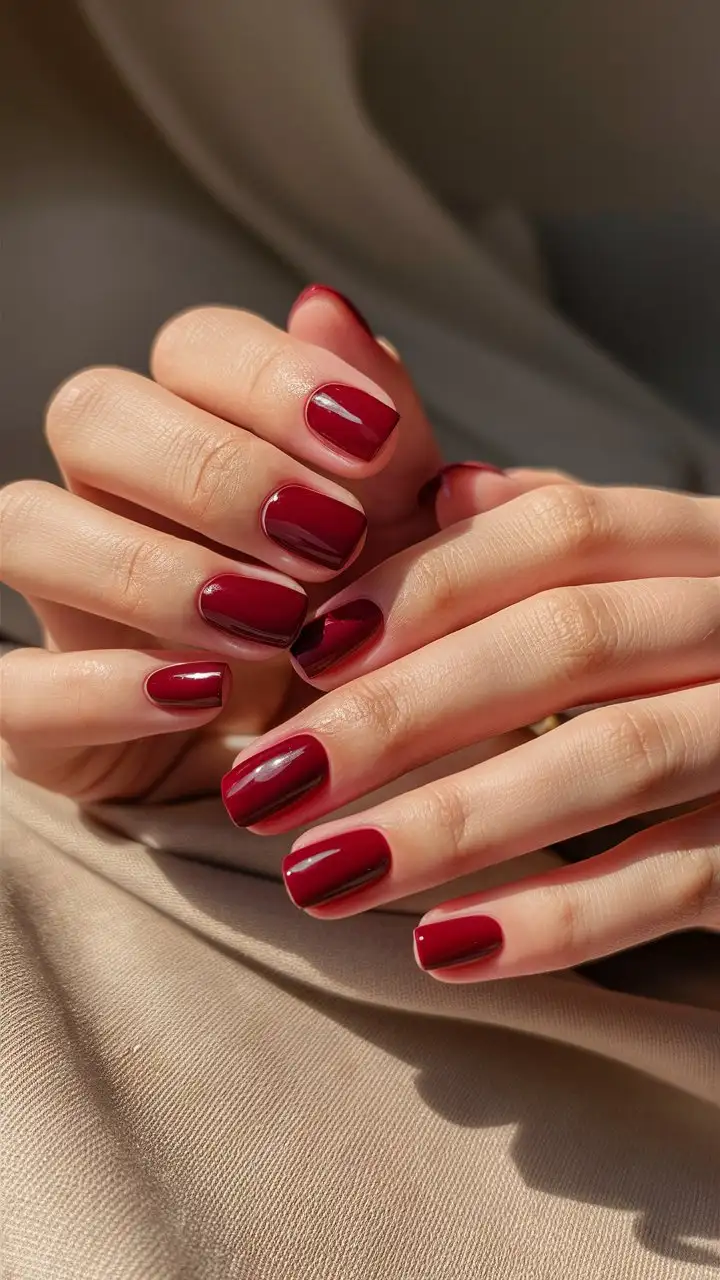 CloseUp-of-Glossy-Red-Manicured-Nails-Resting-on-Beige-Fabric