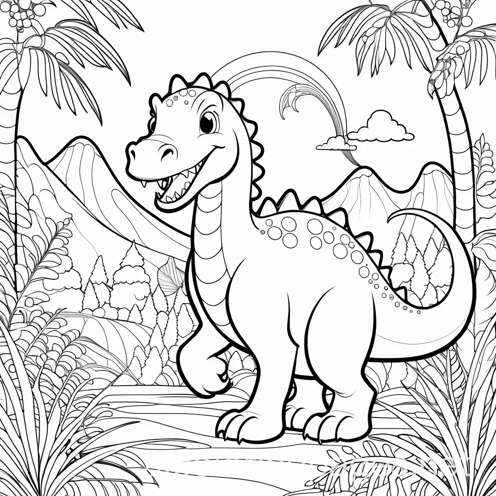 Friendly-Fantasy-Dinosaur-Coloring-Page-with-Sparkly-Scales-and-Colorful-Rainbows