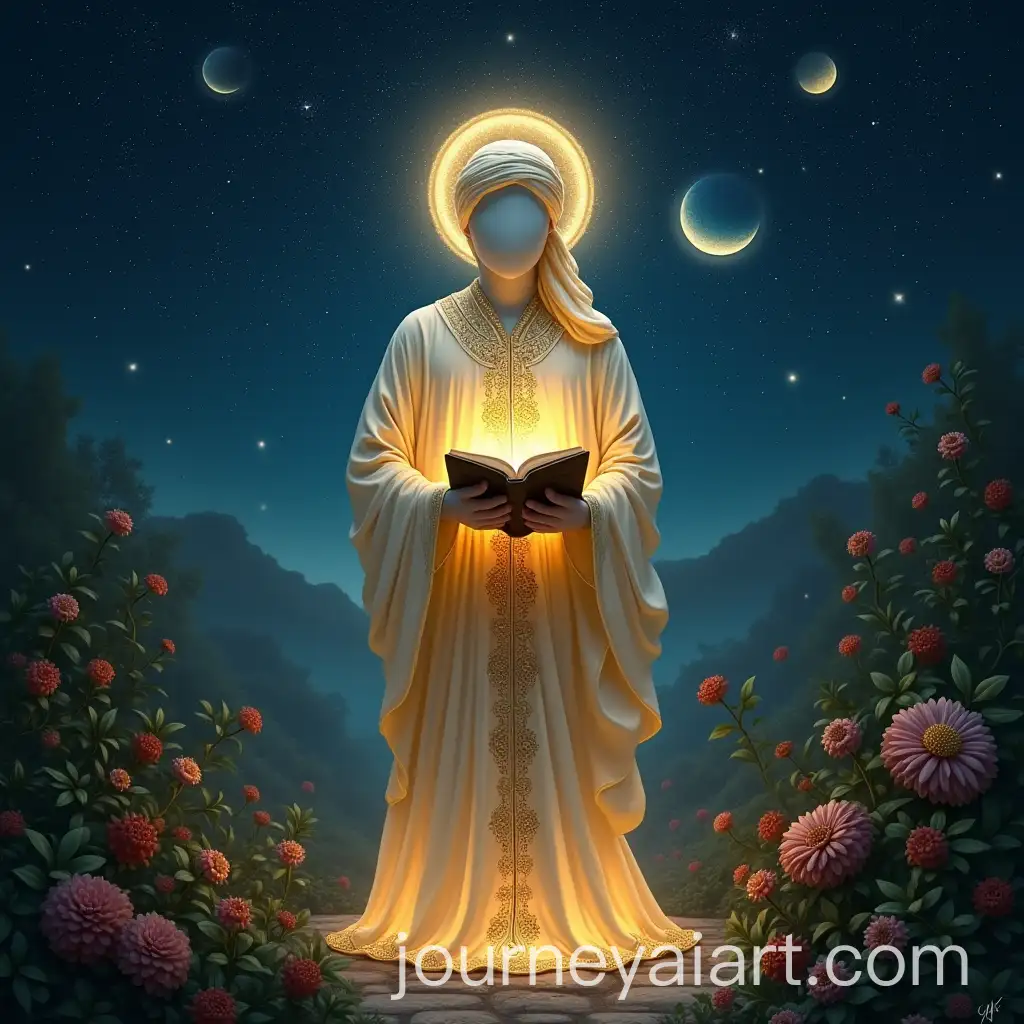 Spiritual-Islamic-Figure-inAI-Art-Prompt-Expansion-Glowing-Robe-in-Persian-Garden-Under-Starry-Sky