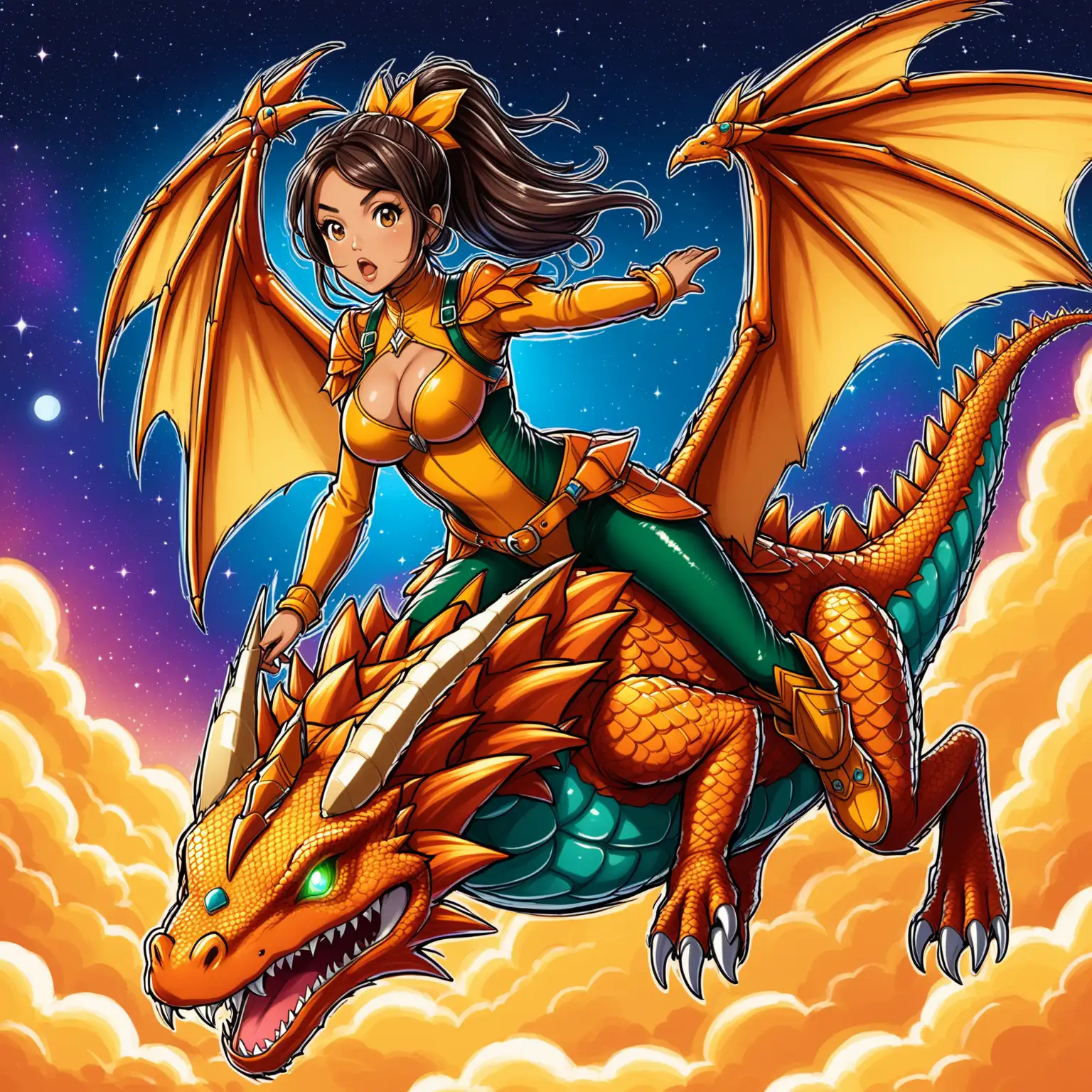 Latina-Woman-Riding-Dragon-in-Night-Sky