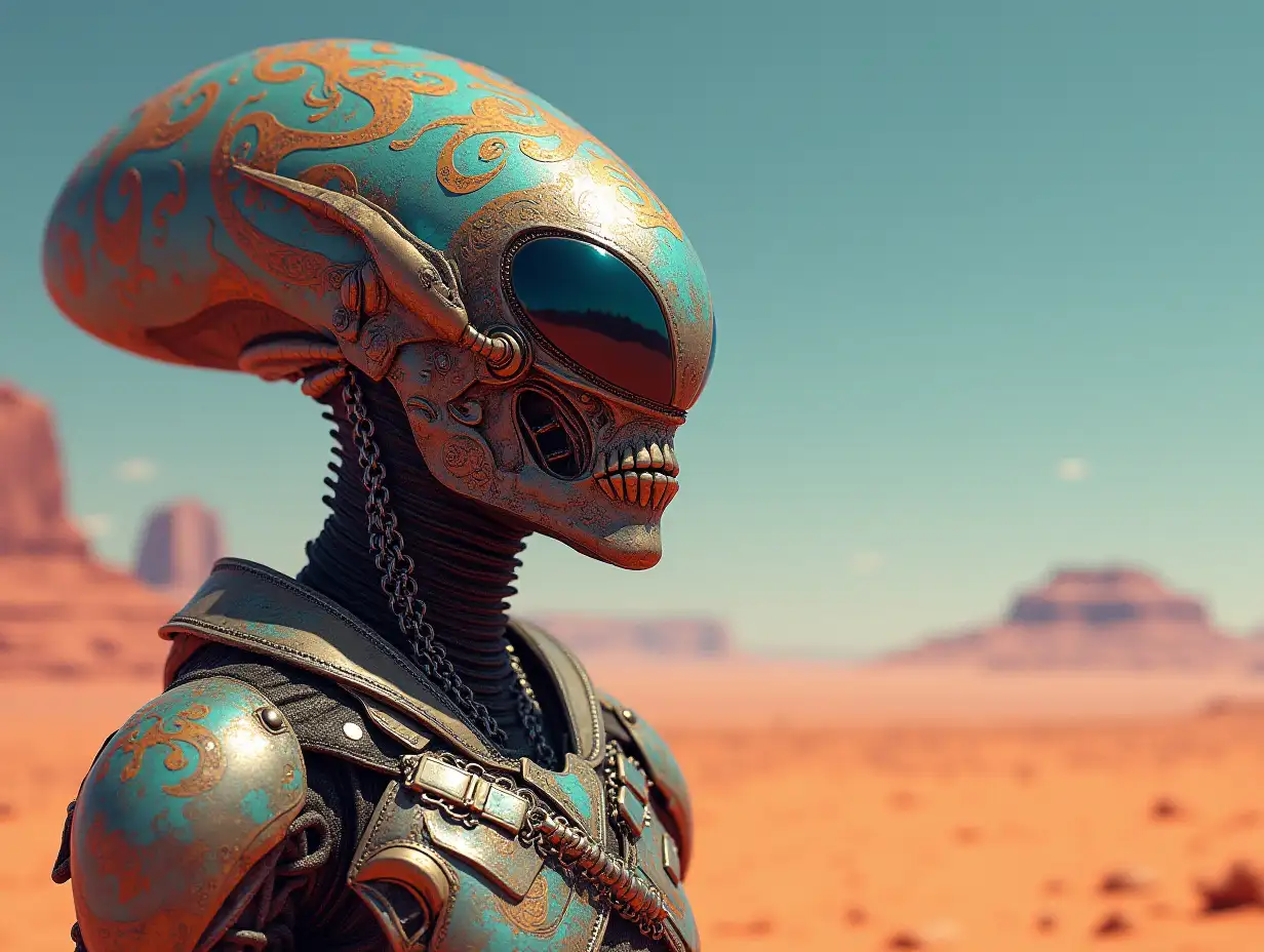 Hyperrealistic portrait of a gpanzerter metal alien king 10 meters tall with the elaborately detailed, colorful desert planet background