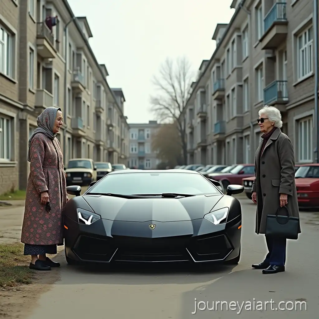Elderly-Russian-Grandmothers-in-Soviet-Courtyard-with-Lamborghini