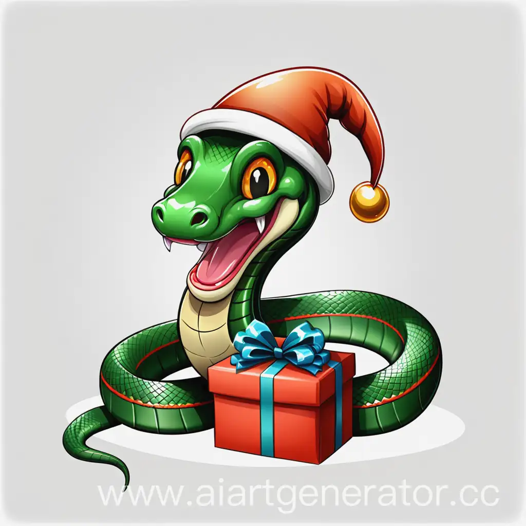 Cheerful-Snake-with-Gift-and-New-Year-Hat-on-Transparent-Background