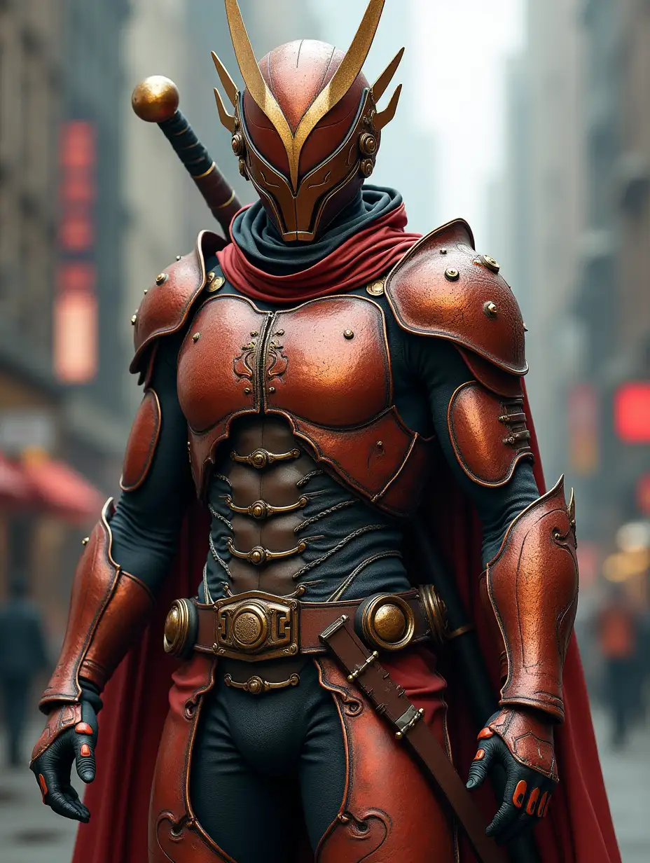 Kamenrider Gaim copper, realistic, full body, futuristic city, armor, mask, sword