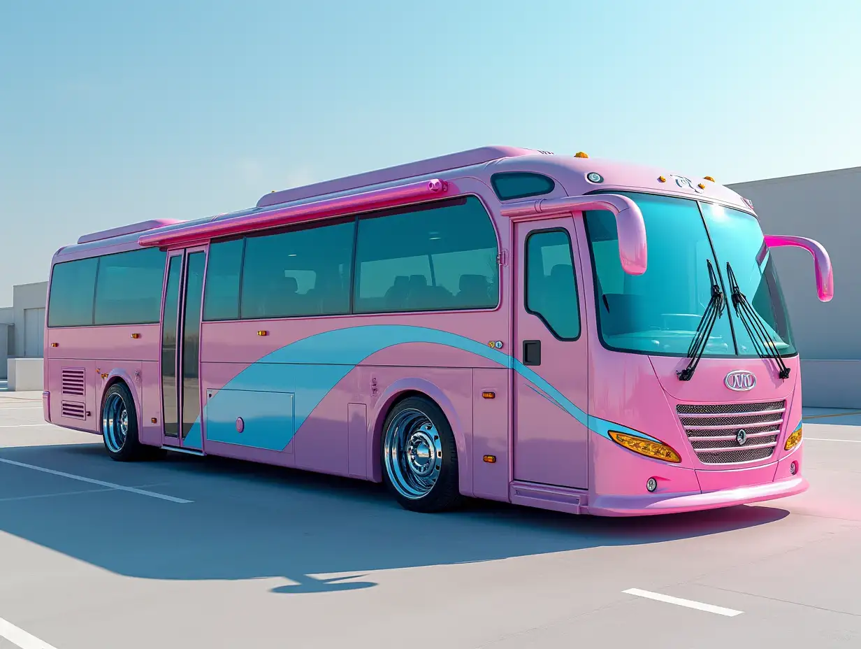 A supermodern utopian sports bus with pink blitz blue color,with a lowered chassis, 18 inch rims, aluminum wheels, cream blue gold, Cyberpunk.