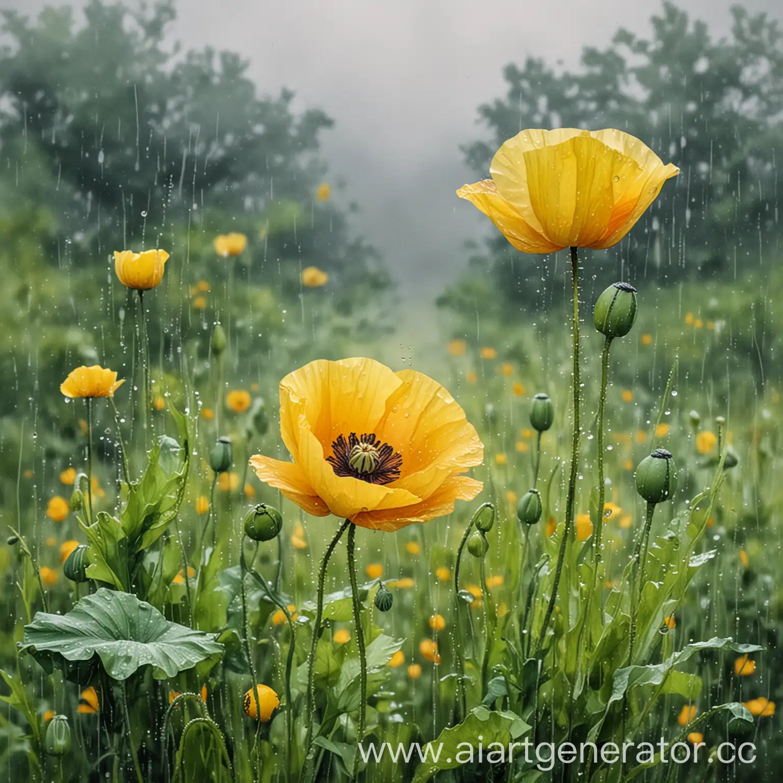 Stunning-Watercolor-Poppy-in-Yellow-and-Green-on-a-Rainy-Day