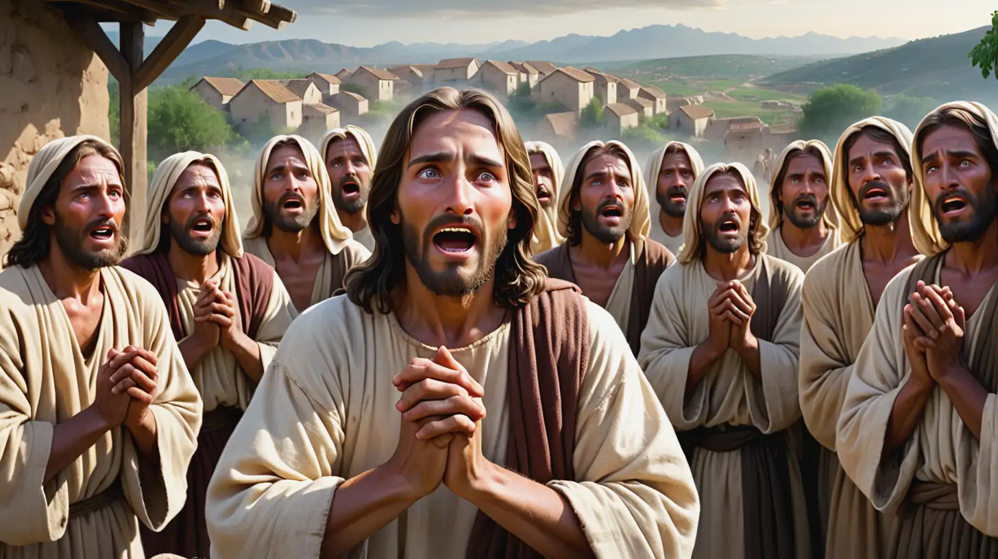 Twelve Men Showing Emotions with Jesus Leading in a Village Setting