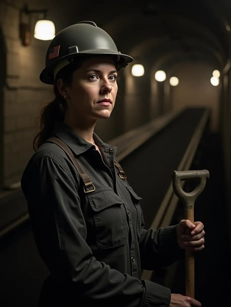 Woman 40 years old in a helmet and working overalls, standing with a shovel in the gallery near the conveyor belt with coal, low light from the lamps on the wall of the gallery, the photo is realistic, closeup