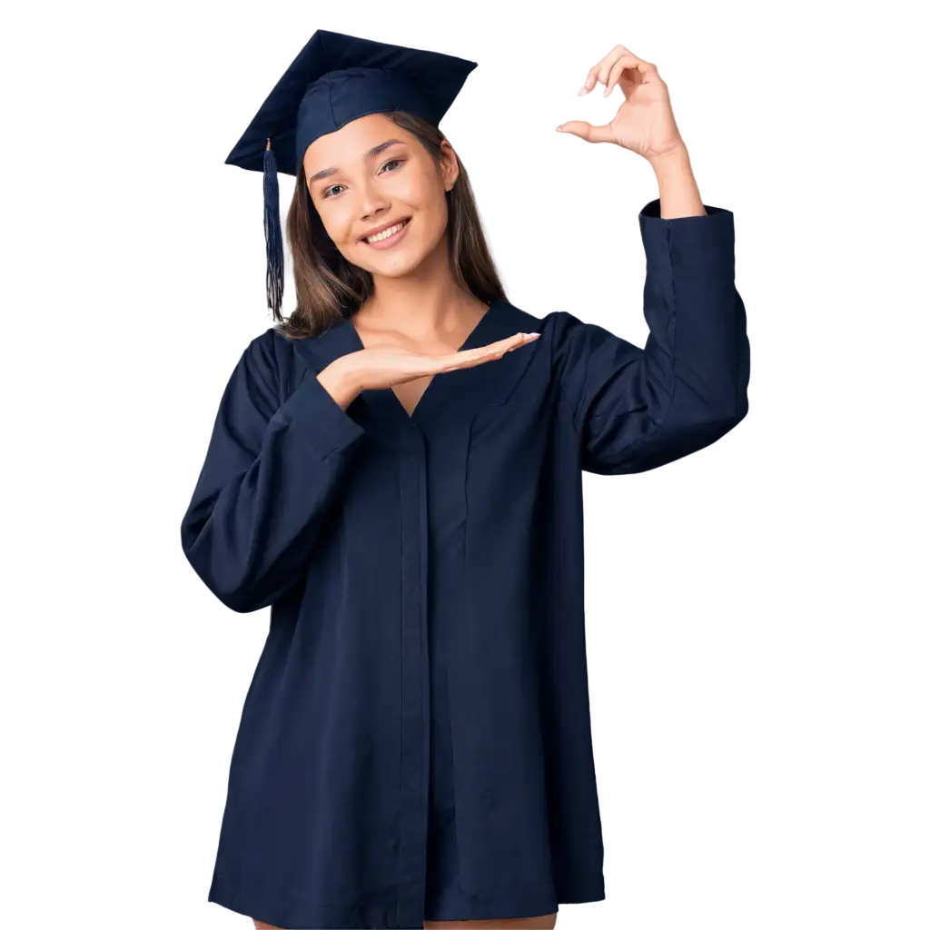 Smiling young female student wearing graduate cap making heart gesture with hand, standing isolate on trasparency background PNG