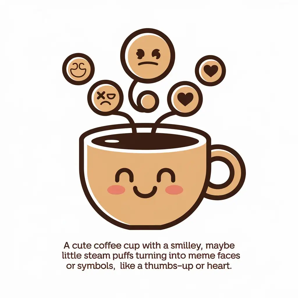 LOGO Design for A Cute Coffee Cup with Smiley Face and Steam Puffs with Meme Faces or Symbols