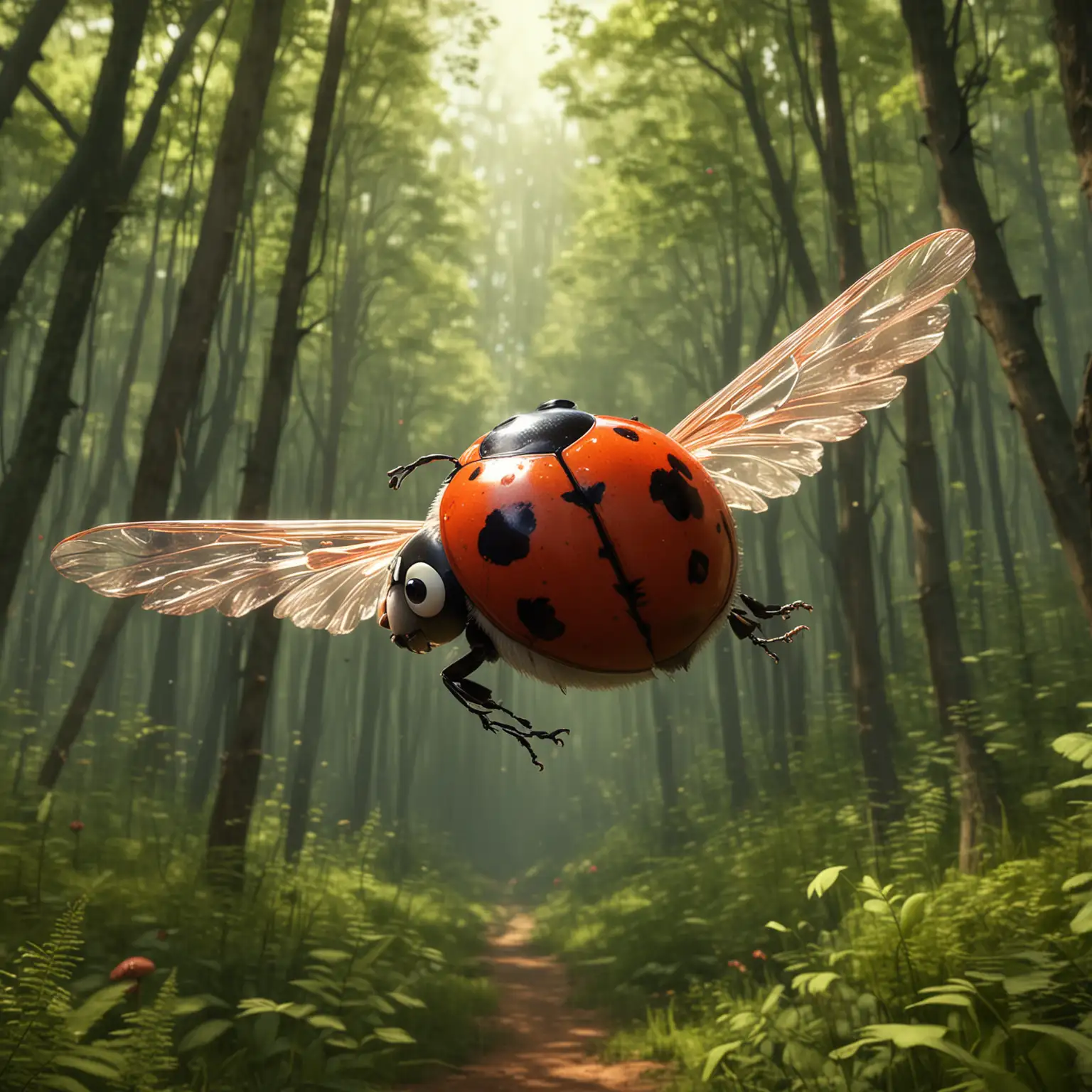 Flying Ladybird Above Forest in Pixar Style