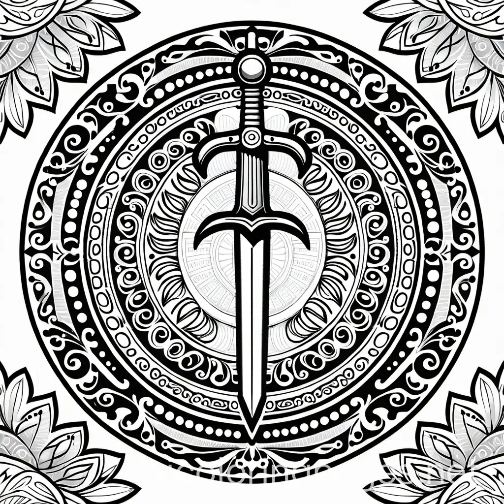 Mystical-Forest-Adventure-Coloring-Page-with-Sword-and-Shield-Mandala