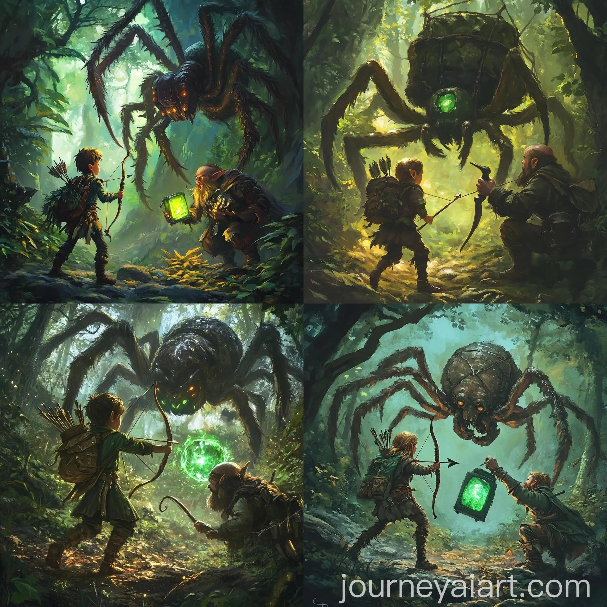 Child-Elf-with-Bow-and-Arrow-Fighting-Giant-Spider-in-Enchanted-Forest