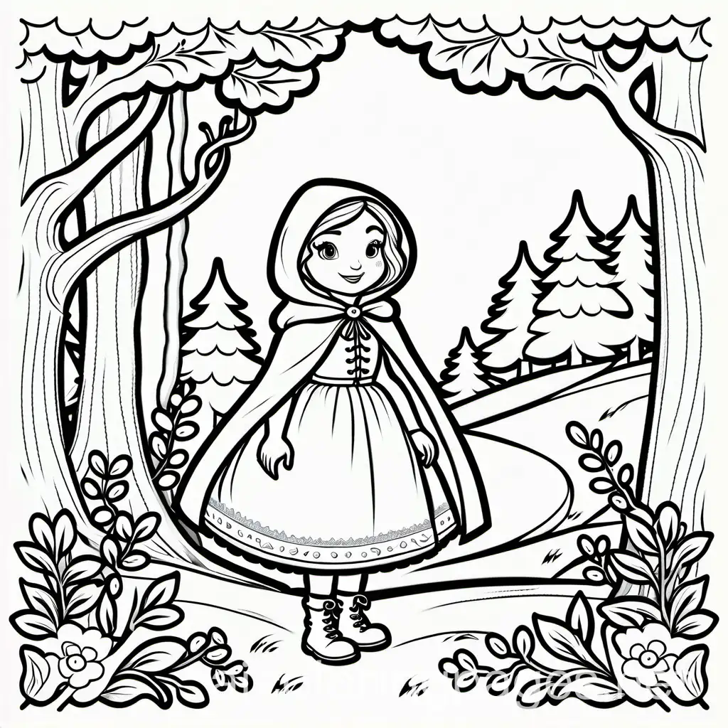 little red riding hood, Coloring Page, black and white, line art, white background, Simplicity, Ample White Space. The background of the coloring page is plain white to make it easy for young children to color within the lines. The outlines of all the subjects are easy to distinguish, making it simple for kids to color without too much difficulty