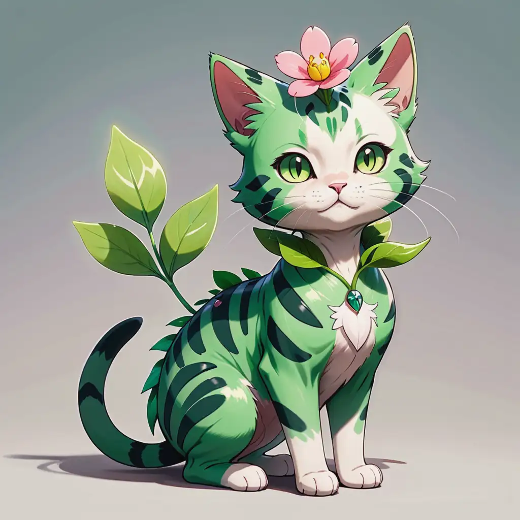 Anime Style Mature Cat with Flower Spine Growth in Pokemon Theme