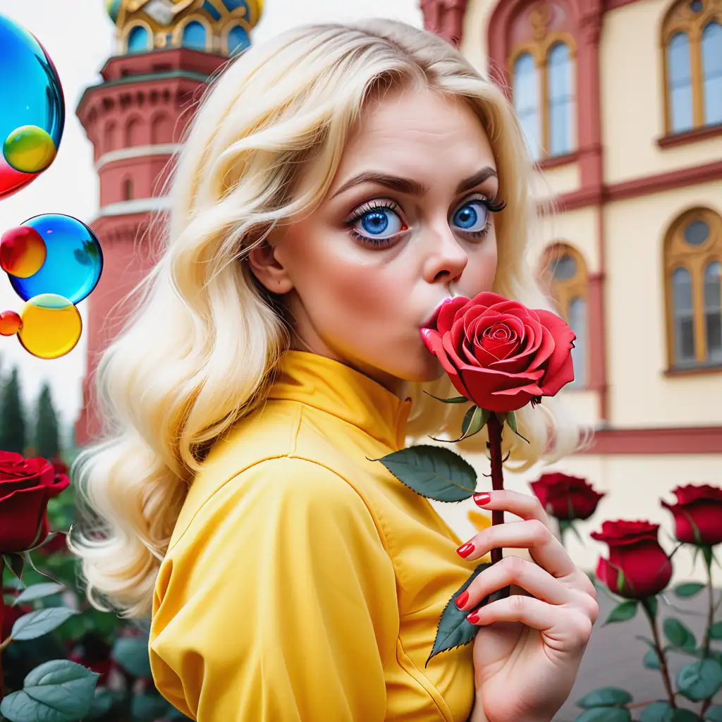 Russian-Woman-with-Bright-Blue-Eyes-and-Blonde-Hair-Holding-a-Red-Rose-and-Blowing-a-Bubble