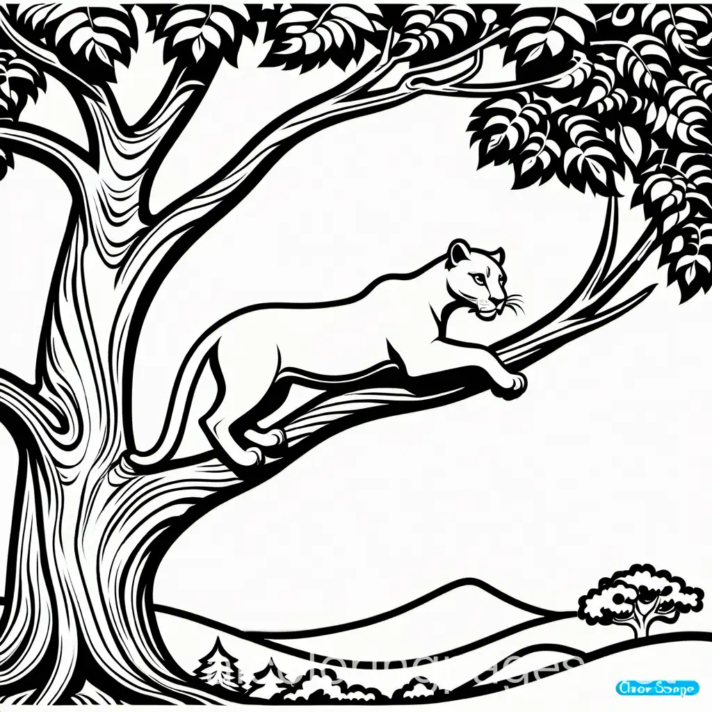 Panther-Climbing-Tree-to-Rescue-Baby-Lion-Coloring-Page